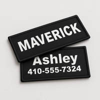 Two black patches with white text on a light gray background